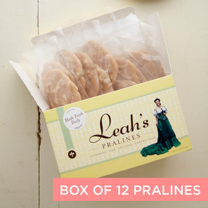 Assorted Pecan Pralines gift box. Includes 12 individually wrapped pralines. 