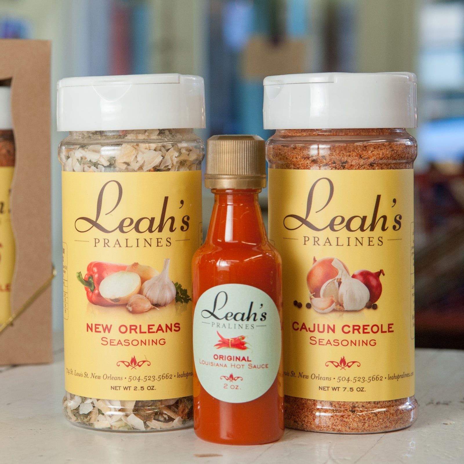 Crescent City Seasoning gift box. Includes New Orleans seasoing, Cajun Creole seasoning and a mini hot sauce.