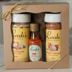 Crescent City Seasoning gift box. Includes New Orleans seasoing, Cajun Creole seasoning and a mini hot sauce.