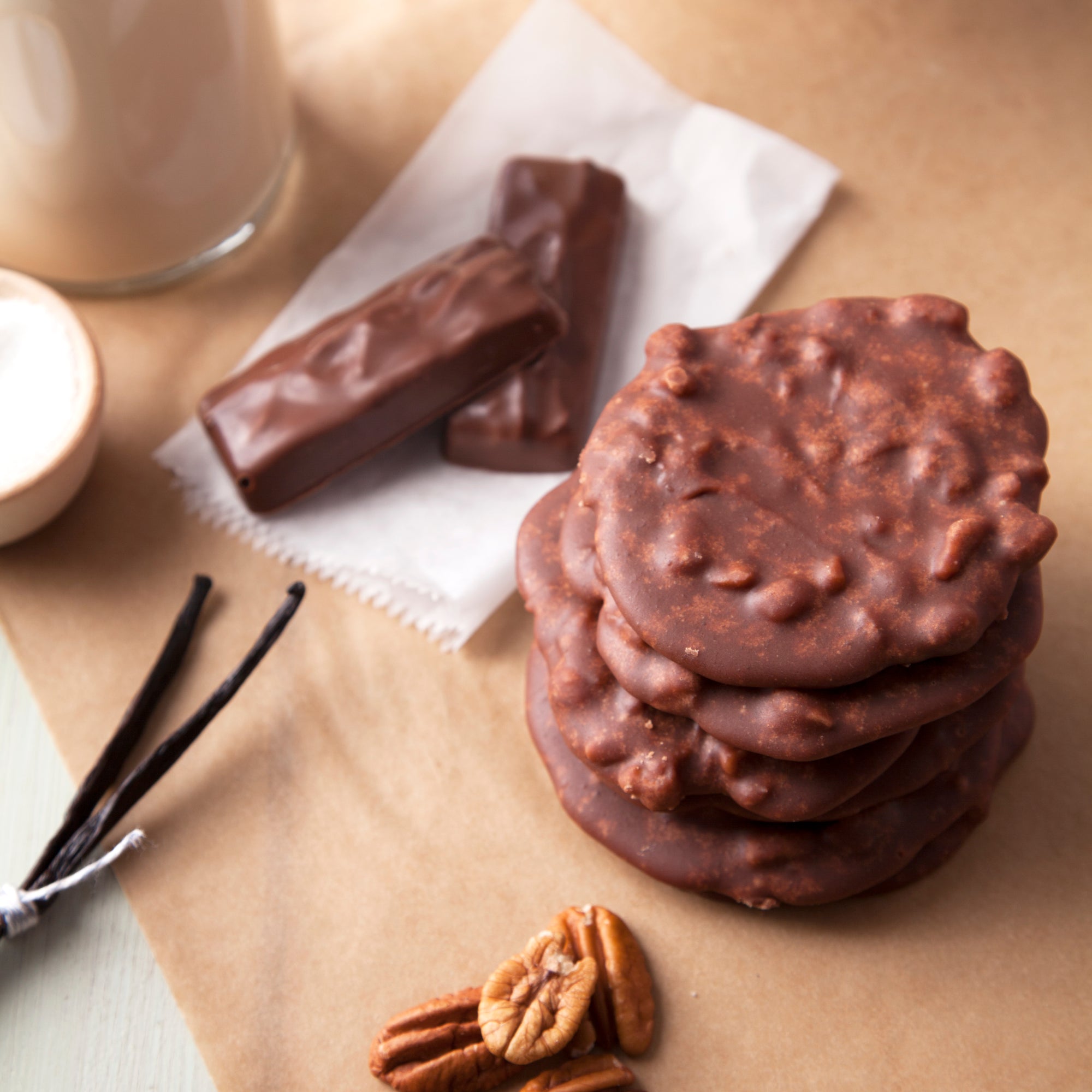 Chocolate Pecan Pralines. Rich cocoa flavor mixed in each bite. 