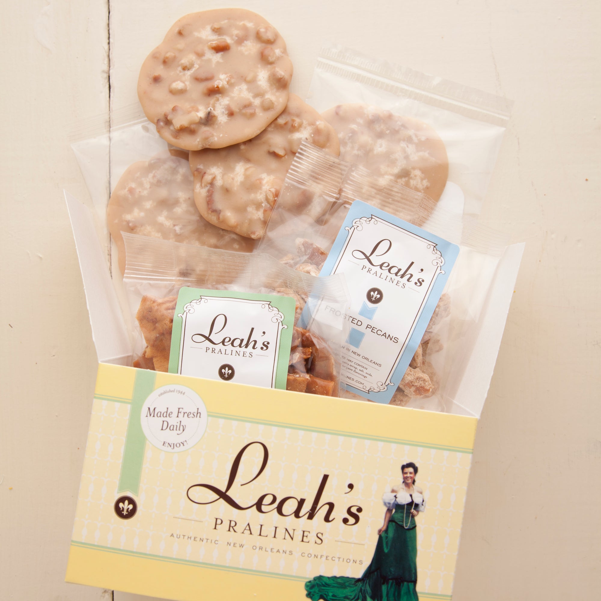 Creole Sampler gift box includes pralines, pecan brittle and frosted pecans